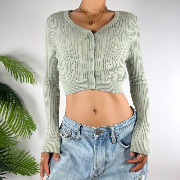 Love Tree Sage Green Cottagecore Coastal Knit Cropped Cardigan Sweater / Large - Picture 1 of 7